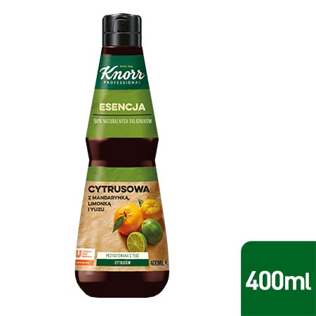 Esencja Cytrusowa Knorr Professional 0,4 l - Wykonana z naturalnych składników, takich jak mandarynka, perska limonka, yuzu i cytryna.