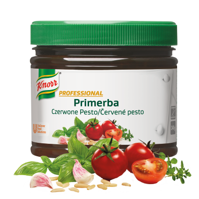 Knorr Professional Primerba czerwone pesto 0,34 kg - Primerba czerwone pesto to intensywny smak i czerwony kolor, który sprawdzi się w daniach kuchni włoskiej.