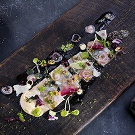 Marynowany miecznik, mus z foie gras, krem z rukwi wodnej Marynowany miecznik, mus z foie gras, krem z rukwi wodnej