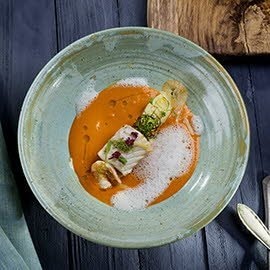 Krem ze smażonych krewetek, dorsz solony, pianka Krem ze smażonych krewetek, dorsz solony, pianka