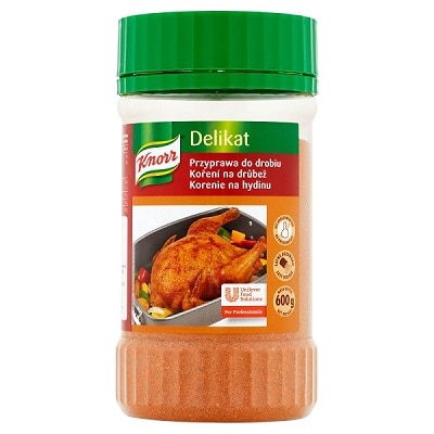 Knorr Delikat Przyprawa do drobiu 0,6 kg - Delikat do drobiu zapewnia mięsu wyrazisty, bogaty smak i apetyczny wygląd, nadając mu rumiany kolor.
